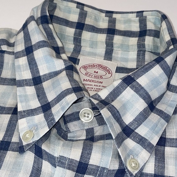 Brooks Brothers Madison Shirt Men's Medium All Irish Linen Blue Plaid Casual - Picture 5 of 8